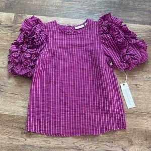 Happy Nature Ruffle Poof Sleeve Striped Blouse Women’s XS NWT